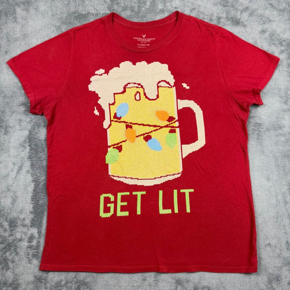 American Eagle Get Lit Beer Christmas Graphic T-Shirt Red Mens Medium M